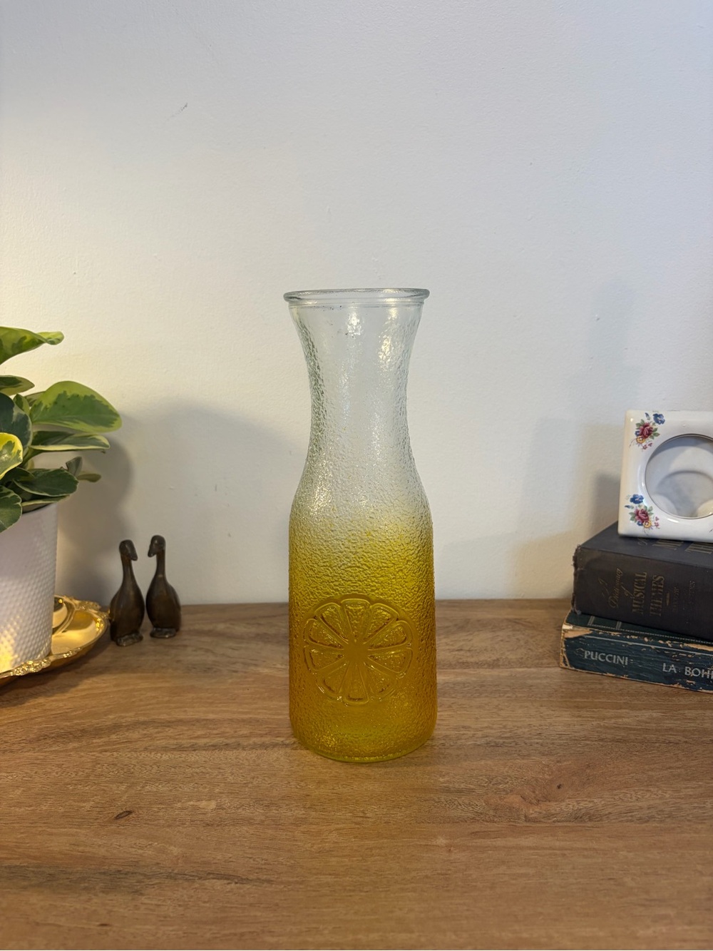 Vintage Yellow Ombré Glass Citrus Carafe • Textured Juice Pitcher